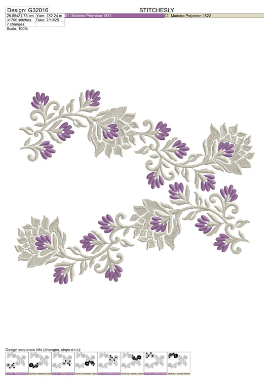 Lavender Floral Embroidery Designs – Elegant Rose Leaf Pattern for Table Linens – 4 variation | Digital Download – PES DST VP3 HUS – Stitchesly G32016