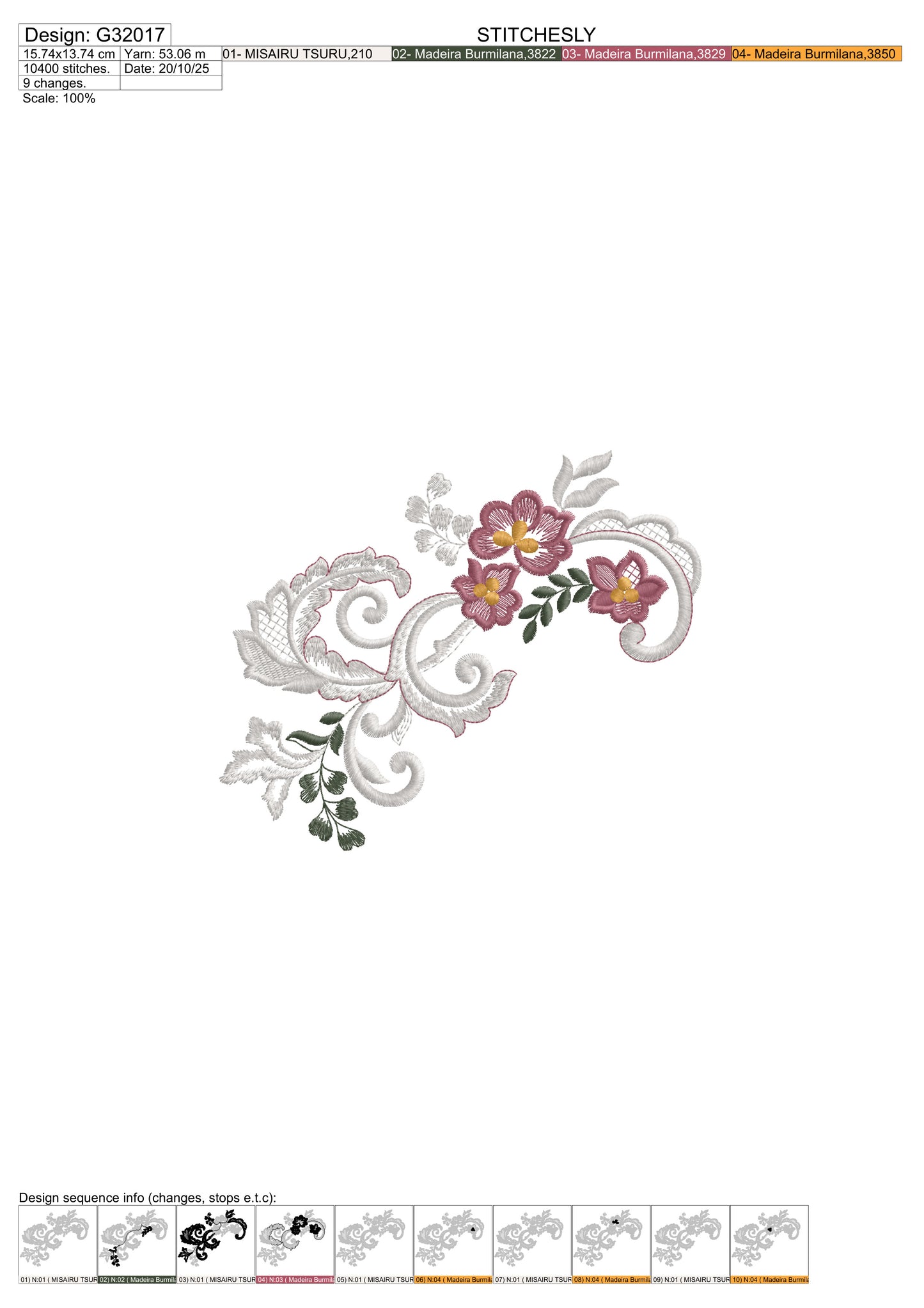 Floral Border Embroidery Design – Elegant Rose Leaf Pattern for Table Linens – 26x13cm | Digital Download – PES DST VP3 HUS – Stitchesly G32017