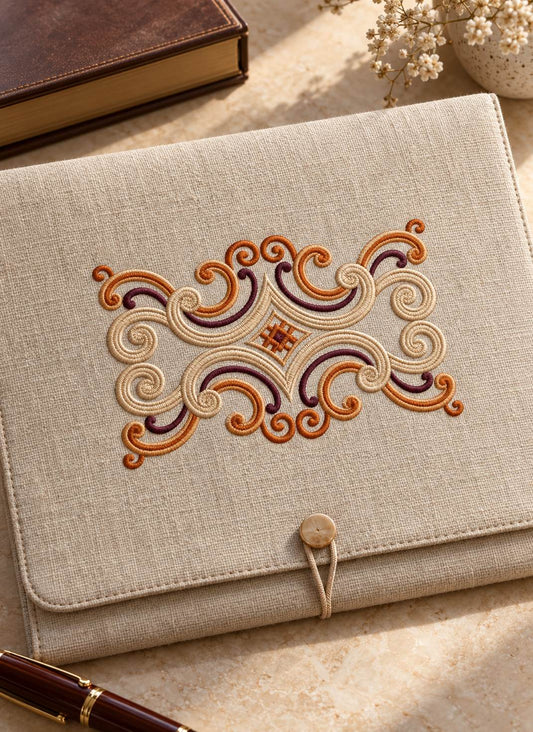 Photorealistic four way scroll medallion machine embroidery in aubergine, warm copper and champagne thread on a linen folio cover, shown as one fabric-stitched motif