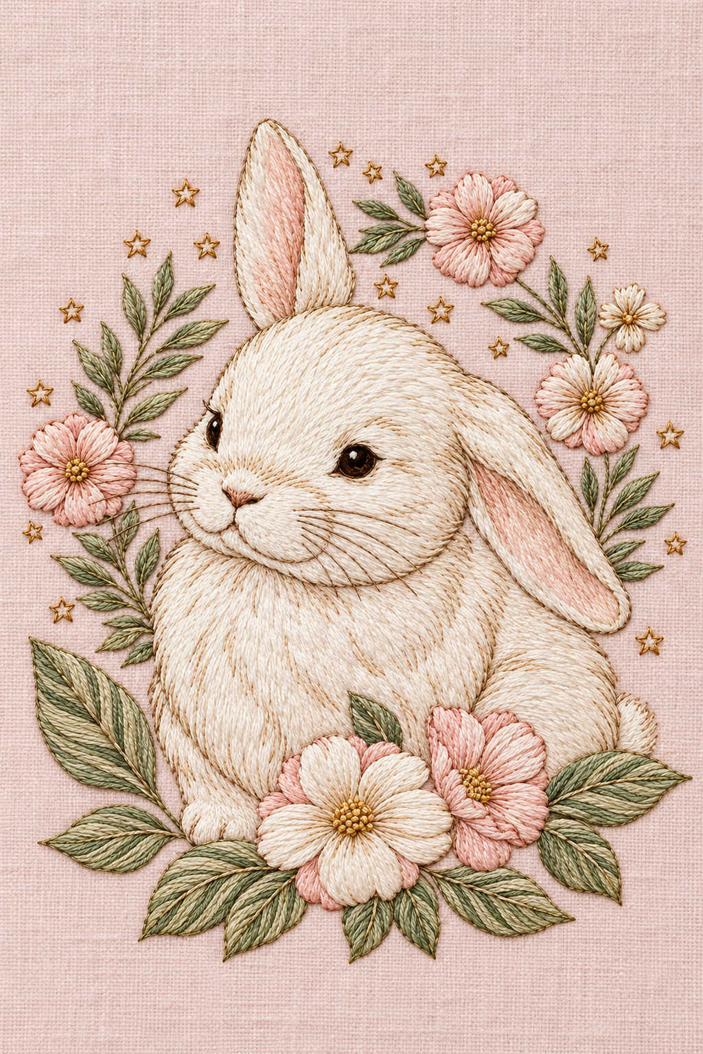 Ivory lop-eared rabbit surrounded by blush flowers, sage leaves and small gold stars embroidered on pale rose linen. Textile visualization from Baby & Kids Embroidery Edition 1, a digital PDF design book.