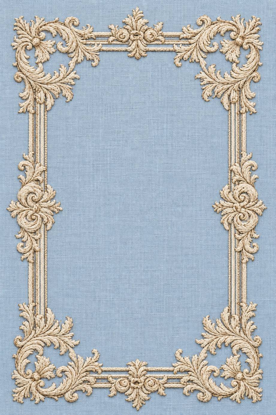 Warm ivory rectangular baroque frame with acanthus corner scrolls and an open center on powder blue linen.