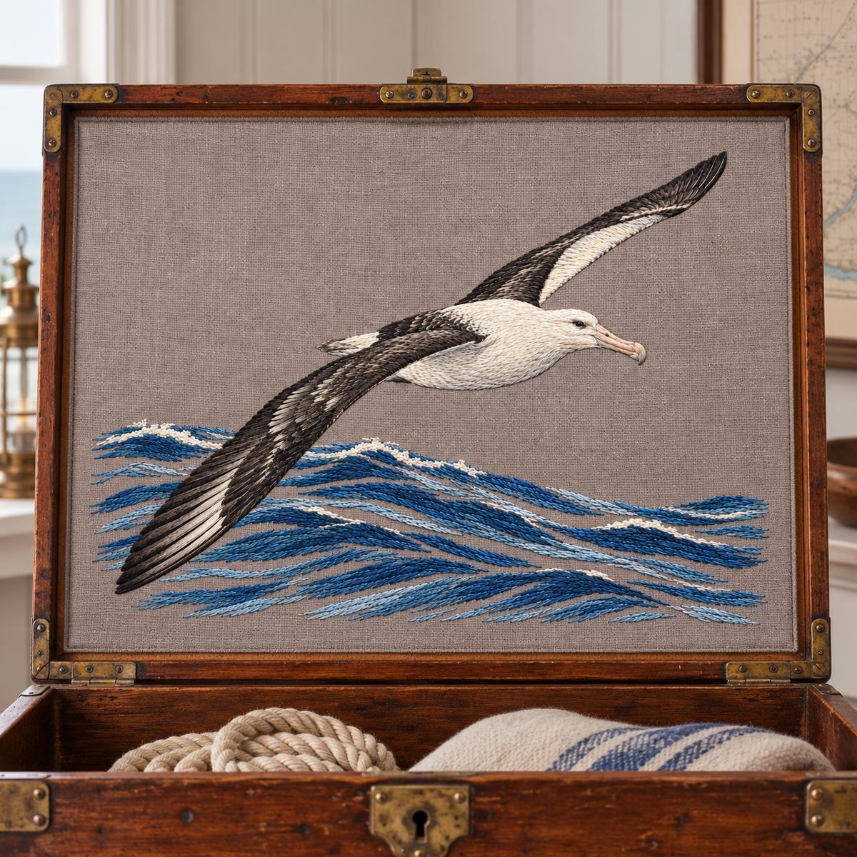 Albatross embroidery design in a digital mockup of landscape taupe linen panel inset into a sea chest lid propped nearly vertical. Placement inspiration for Study 03.