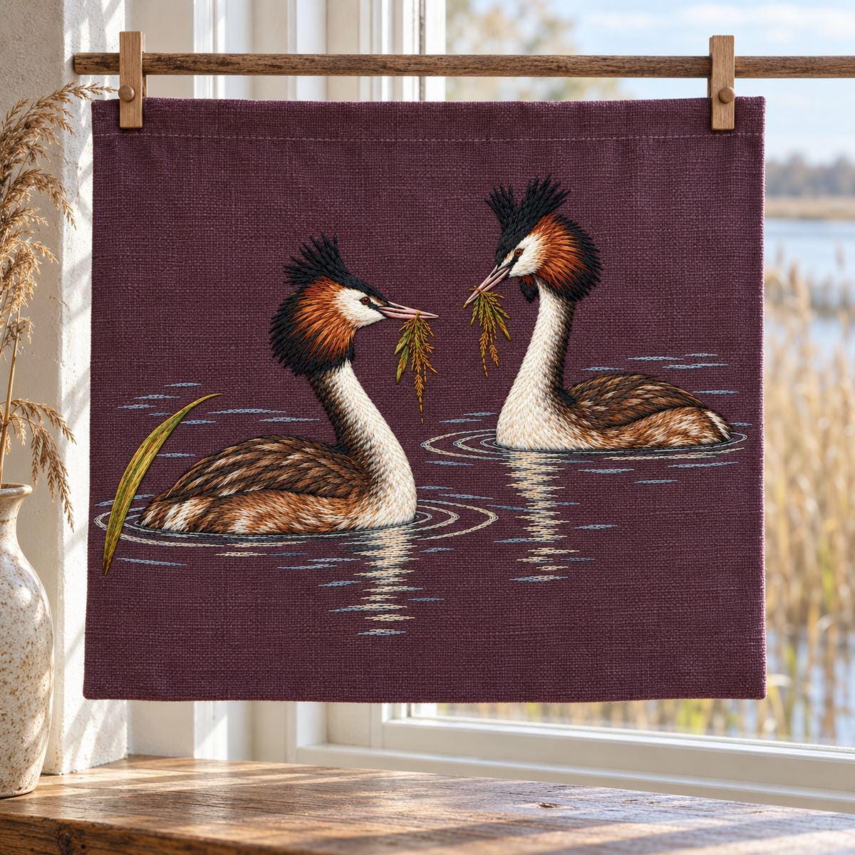 Grebe Pair embroidery design in a digital mockup of A short broad mulberry linen hanging attached by two discreet wooden clips in a bright window alcove, embroidery below its top hem; distant reed beds through adjacent glass, no folds across motif. Placement inspiration for Study 15.