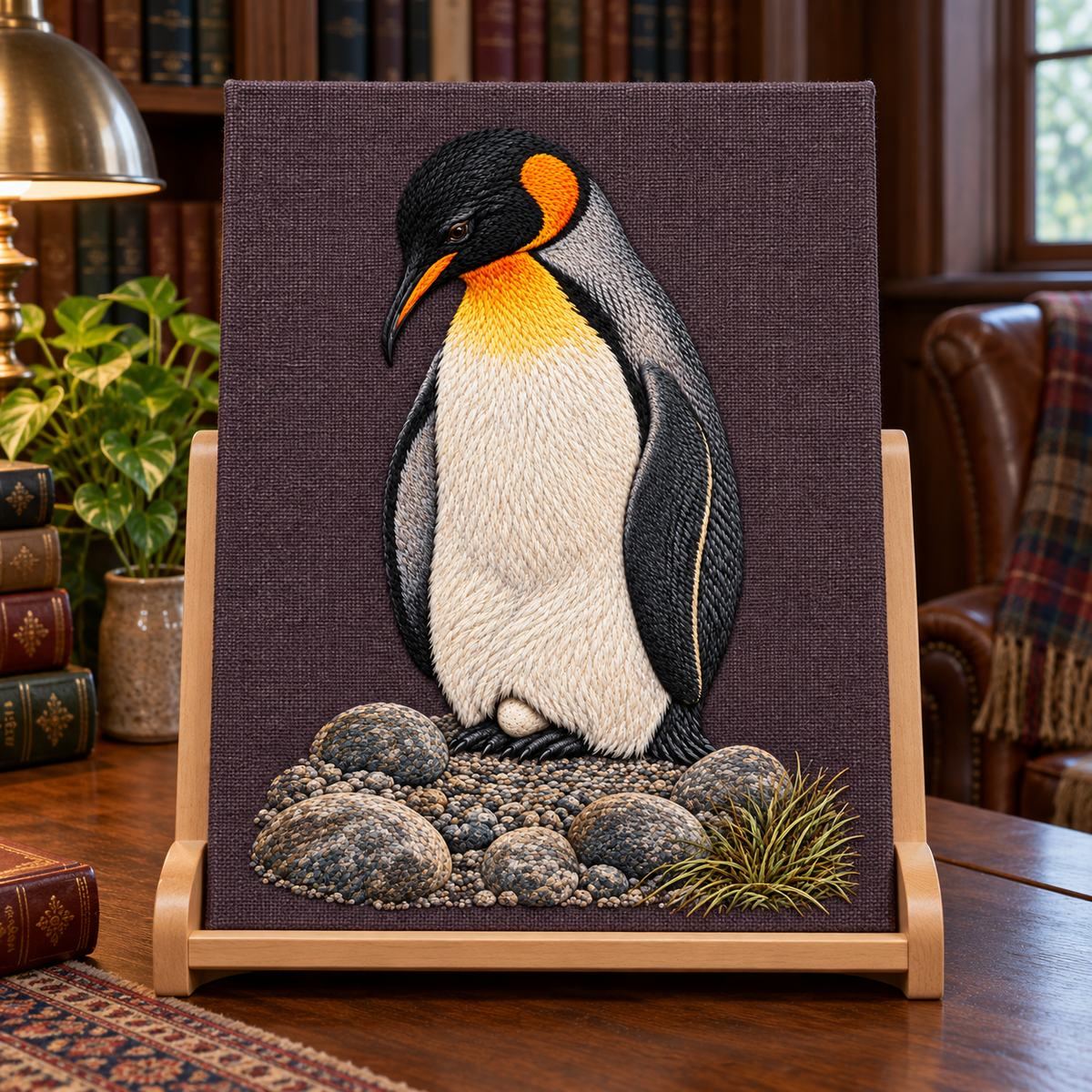 Penguin embroidery design in a digital mockup of A portrait textile insert in a freestanding birch bookstand holding no book, quiet library corner. Placement inspiration for Study 27.