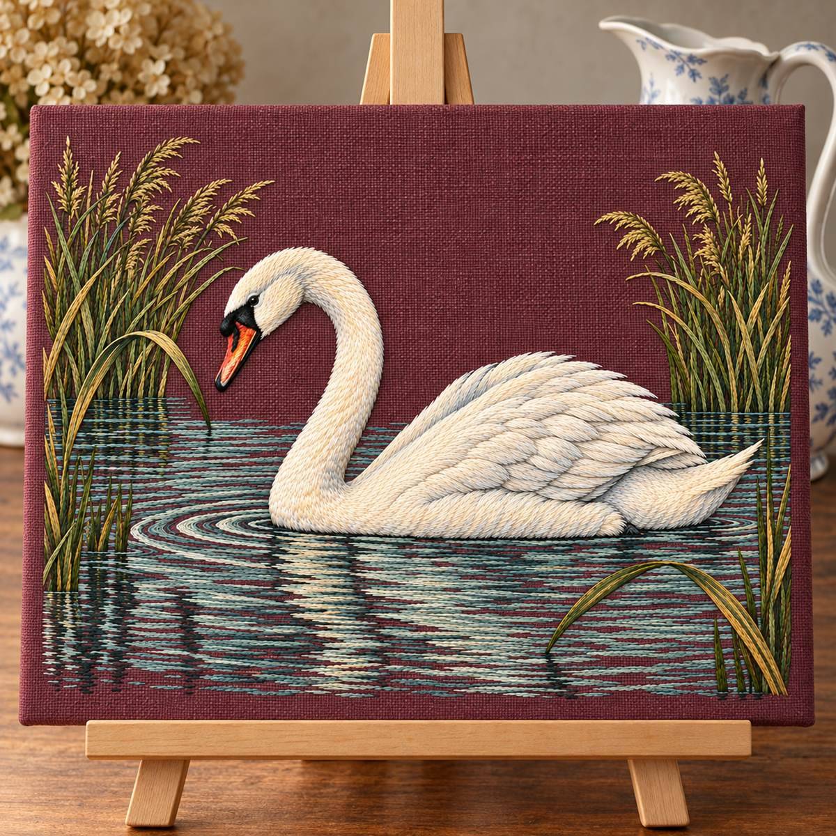 Mute Swan embroidery design in a digital mockup of A landscape embroidery stretched on a small artist's display stretcher standing on a maple easel, close studio photograph with a porcelain water jug behind, no hoop. Placement inspiration for Study 31.