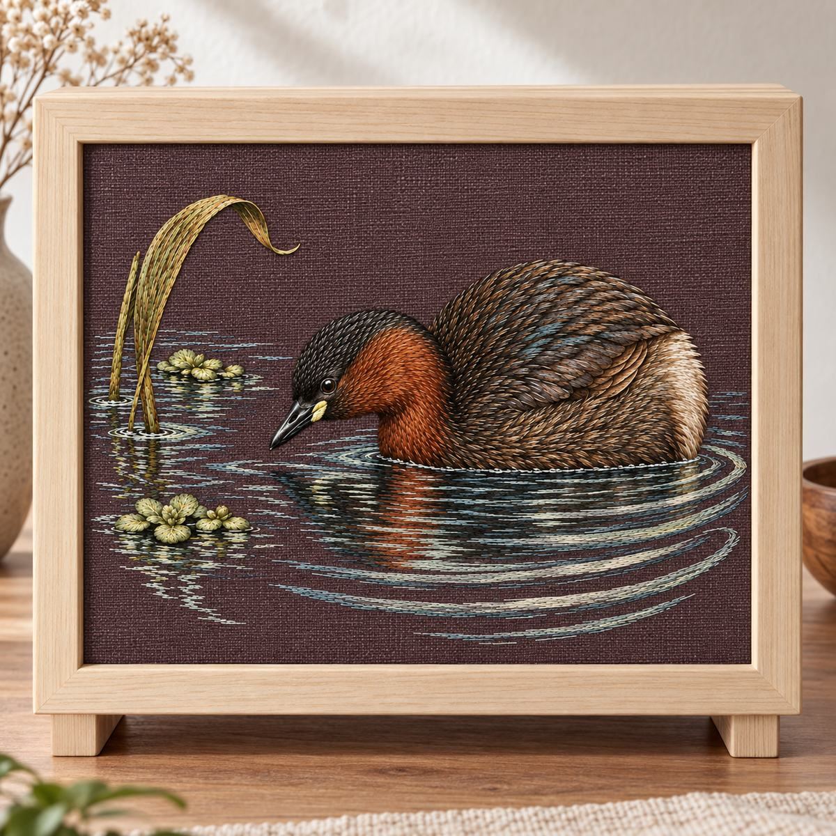 Little Grebe embroidery design in a digital mockup of mulberry linen decorative cabinet inset, small portable freestanding display cabinet with panel exactly40x32cm, front-on product crop, unpainted ash surround. Placement inspiration for Study 36.