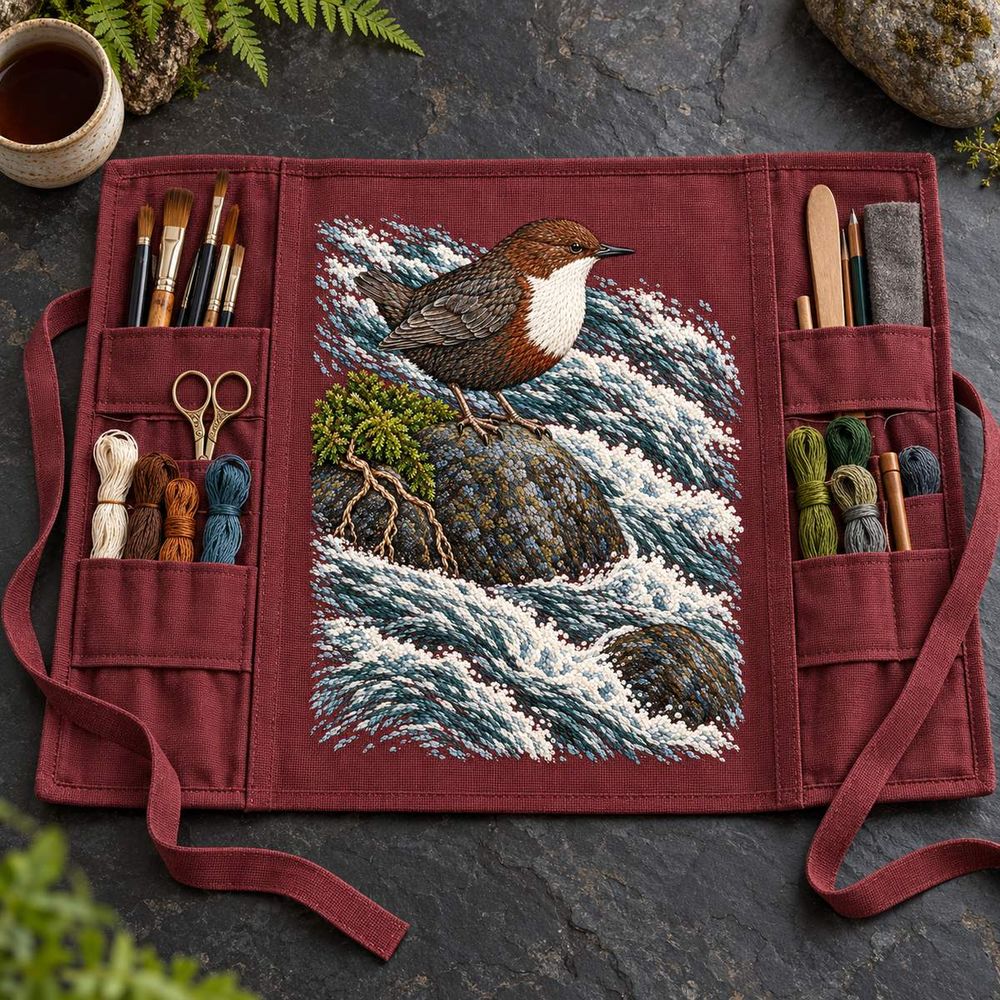 Dipper embroidery design in a digital mockup of A fabric artist storage roll laid completely open flat on a slate table, central30x38cm embroidered panel unobstructed, ties spread outside, top-down. Placement inspiration for Study 38.
