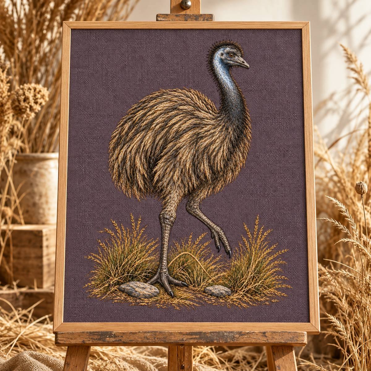 Emu embroidery design in a digital mockup of A fabric presentation board set on a wooden artist easel in dry-grass studio, slim natural wood border, whole upright emu embroidery prominent. Placement inspiration for Study 42.