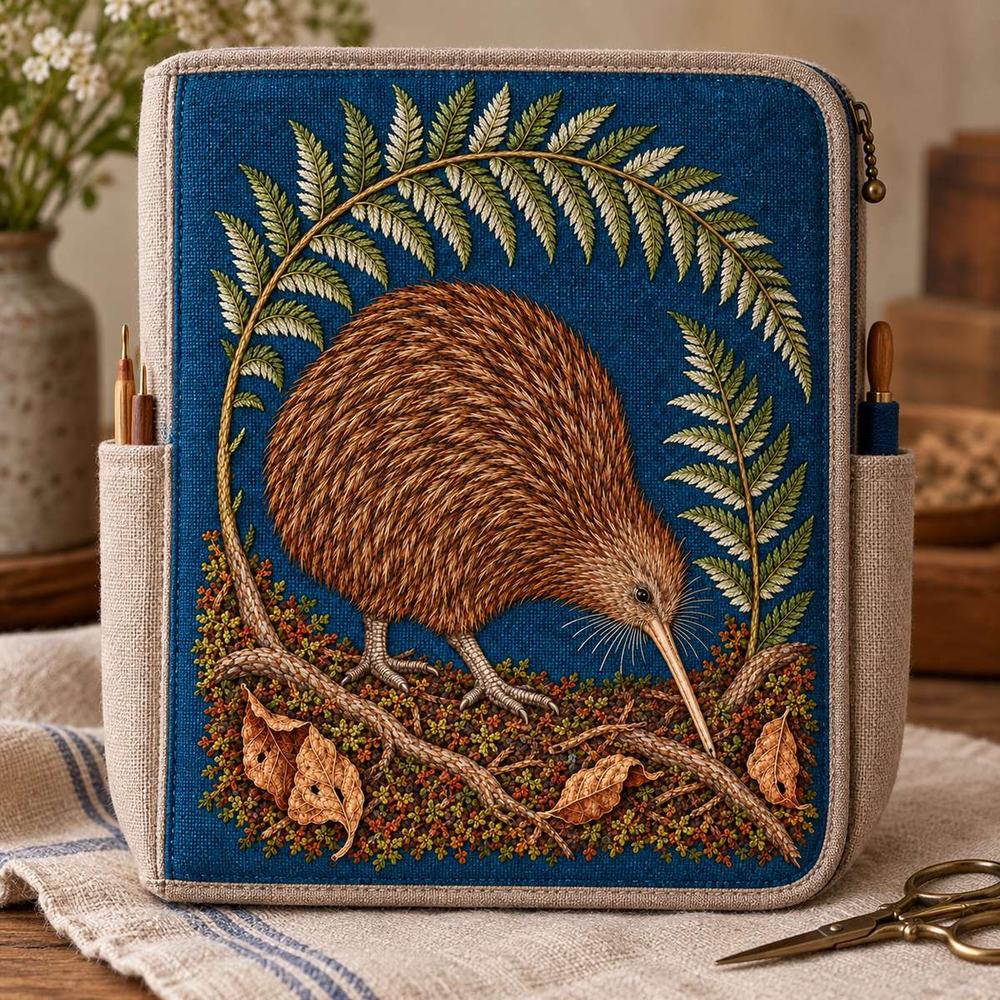 Kiwi embroidery design in a digital mockup of Soft upright sewing-tool portfolio with narrow side pockets, closed central face showing full portrait embroidery. Tabletop on folded flax cloth, small scissors off to side. Placement inspiration for Study 44.