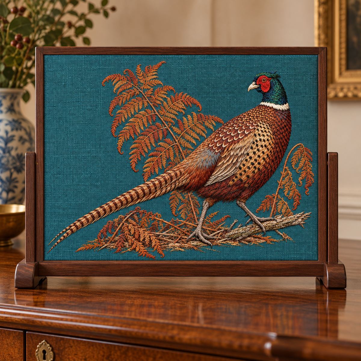 Pheasant embroidery design in a digital mockup of Small landscape fire-screen style TABLETOP display, embroidered field , overall , on a polished sideboard. Slim walnut stand, not a full size floor screen. Placement inspiration for Study 48.