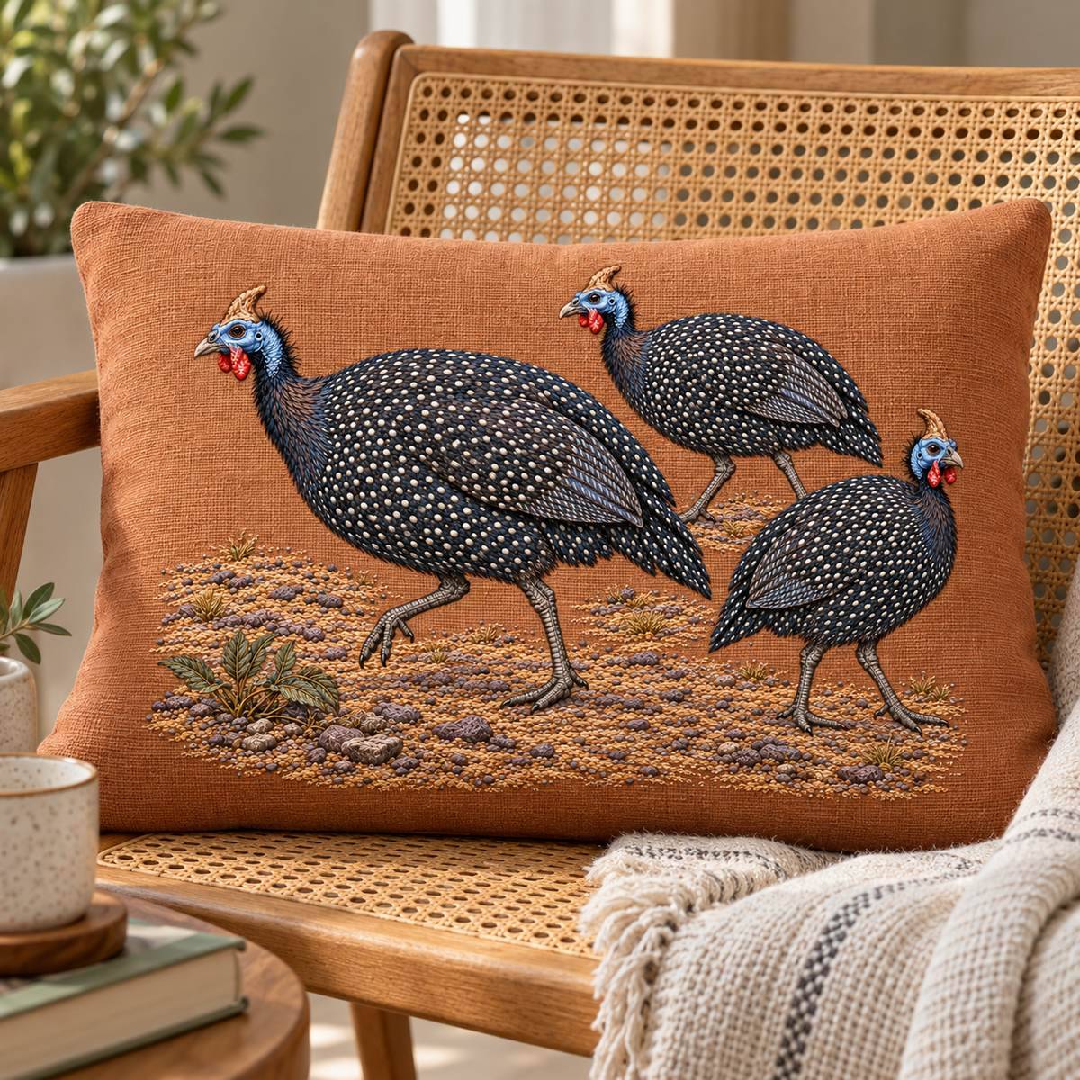 Guineafowl Trio embroidery design in a digital mockup of A copper linen lumbar backrest pad on a cane readingchair, birdfeetatbottom. Placement inspiration for Study 50.