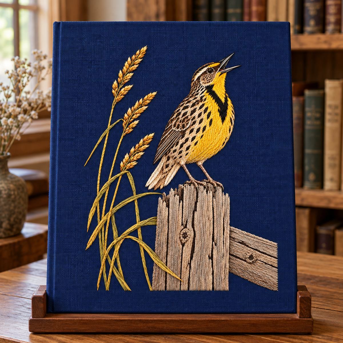Meadowlark embroidery design in a digital mockup of vertical indigo bookstand backing in a rural library. Placement inspiration for Study 56.