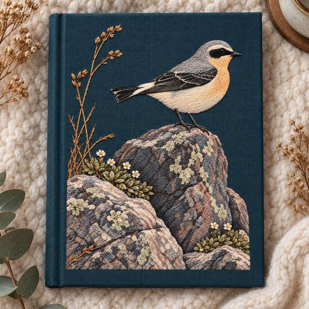 Wheatear embroidery design in a digital mockup of A tall fabric-covered keepsake book lying vertically on a pale wool throw, portrait cover fully visible from overhead, no text. Placement inspiration for Study 67.