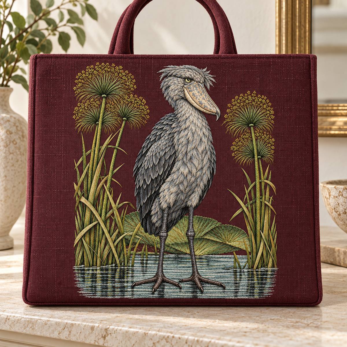 Shoebill embroidery design in a digital mockup of A large structured burgundy linen document satchel with the entire upright design on its flat front, handles behind and no flap or straps crossing art, on a clean entryway ledge. Placement inspiration for Study 71.