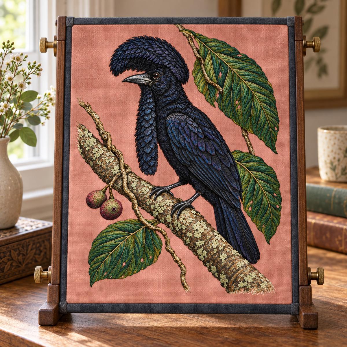 Umbrellabird embroidery design in a digital mockup of The flat rose embroidered panel secured on a rectangular slate-frame needlework stand at a quiet window, no hands or needle over artwork, whole field visible. Placement inspiration for Study 76.