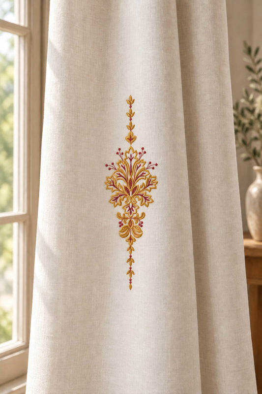 Photorealistic slender acanthus pendant machine embroidery in antique brass and deep garnet thread on a linen curtain panel, shown as one fabric-stitched motif
