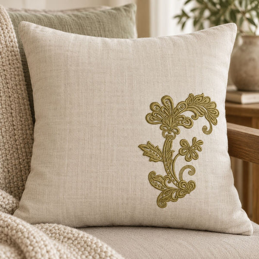 Large single-color floral scroll corner machine embroidery on a natural linen square cushion