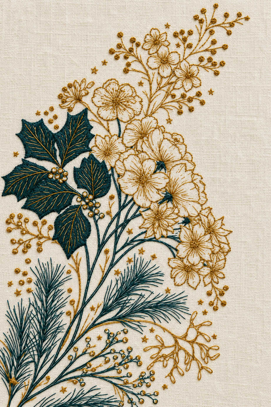 Fine teal and antique gold embroidery of a tall winter floral bouquet with holly, pine and berry sprays on ivory linen. Textile visualization from Christmas Embroidery Collection Edition 3, a digital PDF design book.