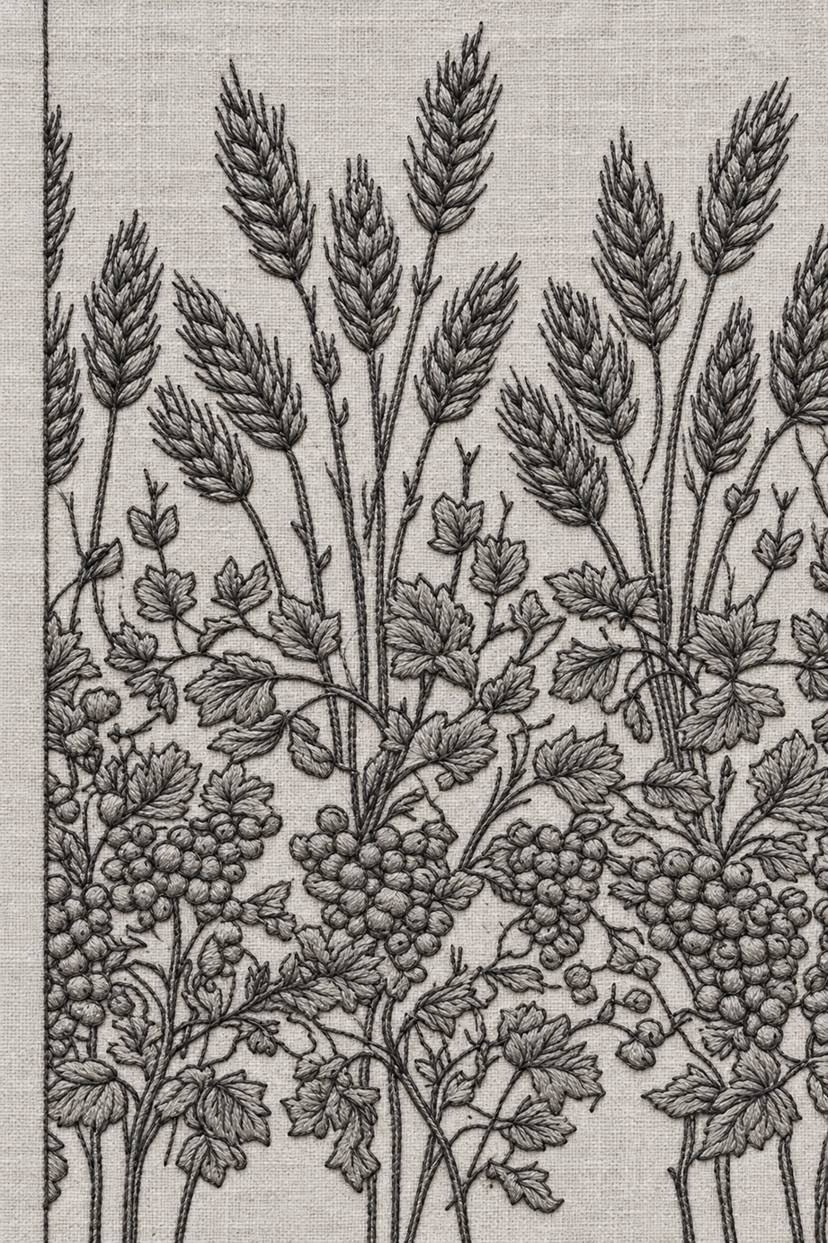 Fine cotton embroidery of wheat and grapevine panel on pale stone grey linen.