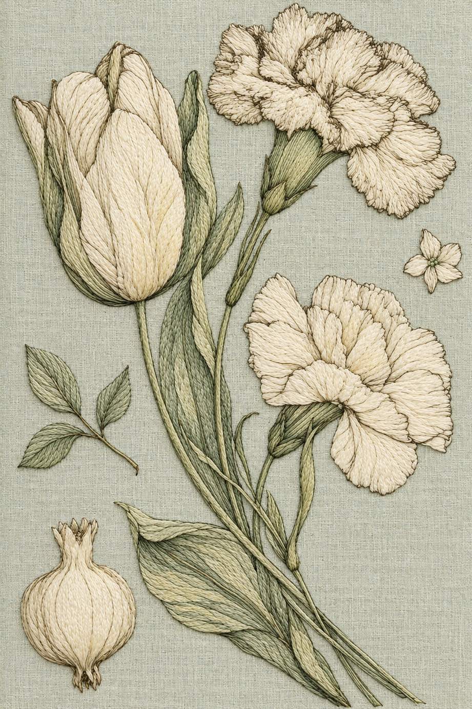 Fine cotton embroidery of tulip carnation and open flower study on linen, from Colbert Embroidery Studies Book Three.