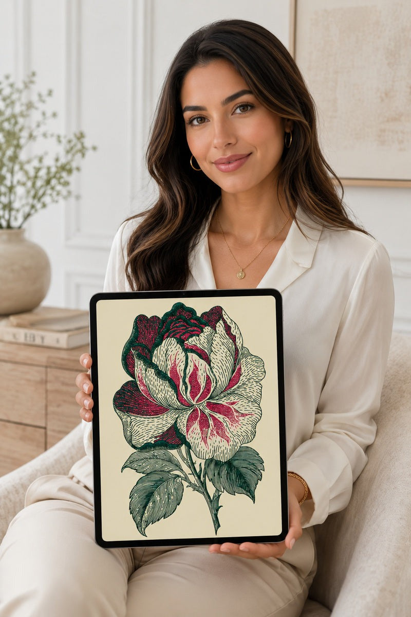 Colbert Book Two original floral drawing displayed on a tablet for embroidery reference.