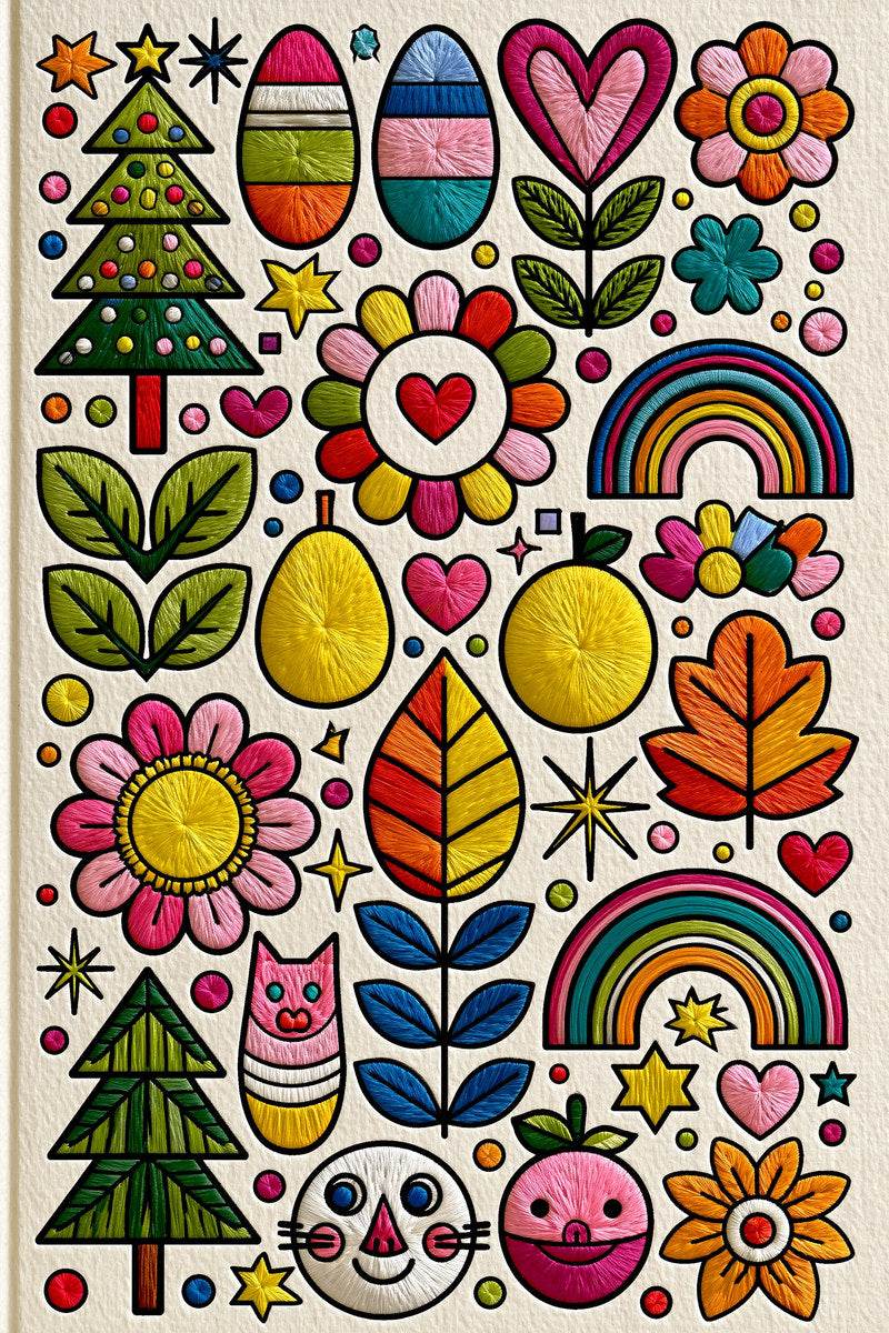 Original design: one dense seasonal sampler of decorated trees, rainbows, flowers, hearts, leaves, striped ornaments and small animal faces.