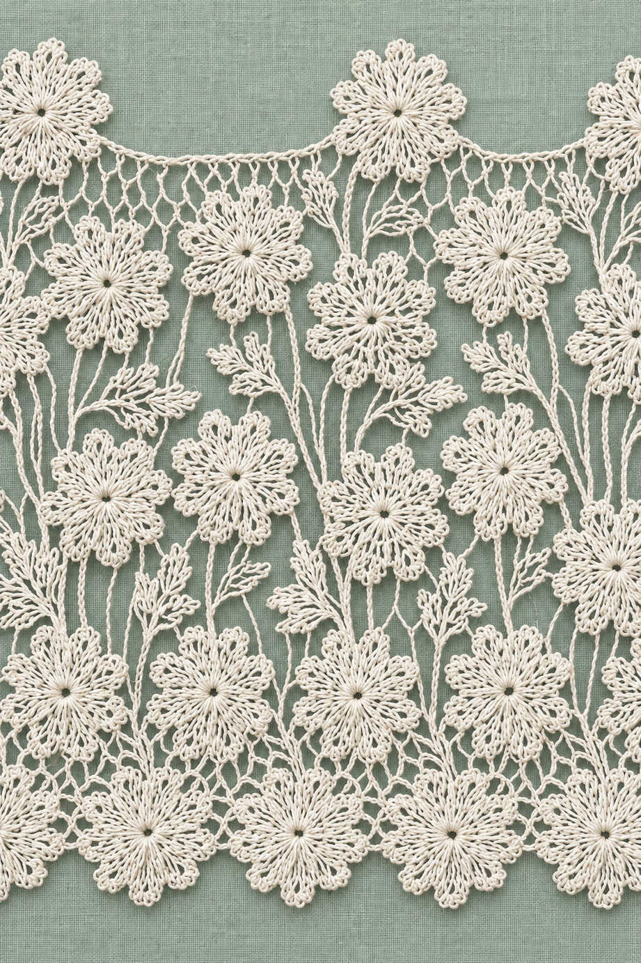 Fine cotton hand-worked lace and embroidery of airy daisy meadow lace panel, from Crochet Lace Borders and Edgings Book Three.