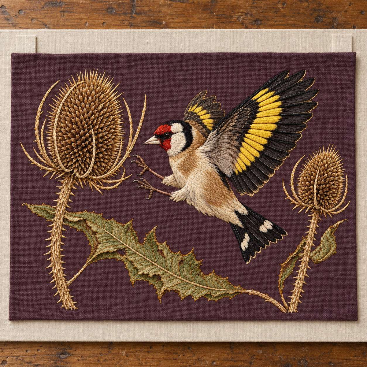 Goldfinch Across the Teasel Crown visual mockup shown as a textile panel in a collection tray, with the design on deep muted plum linen.