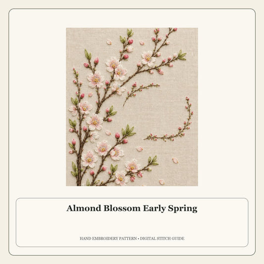Almond Blossom Early Spring stitch guide cover for the digital hand embroidery pattern and stitch guide