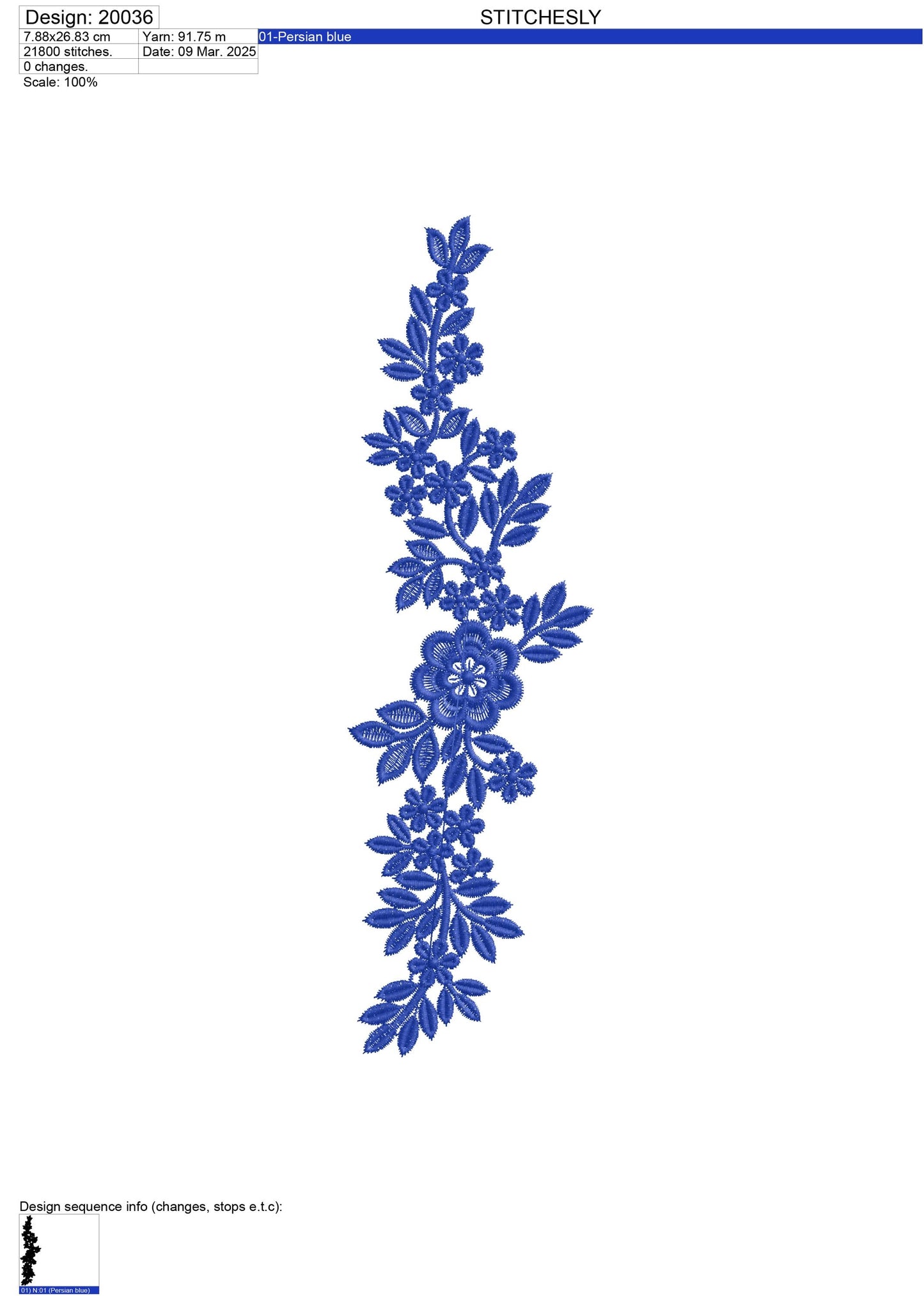 Vertical Floral Border Embroidery Design – Single Color | Machine Embroidery File – 20036