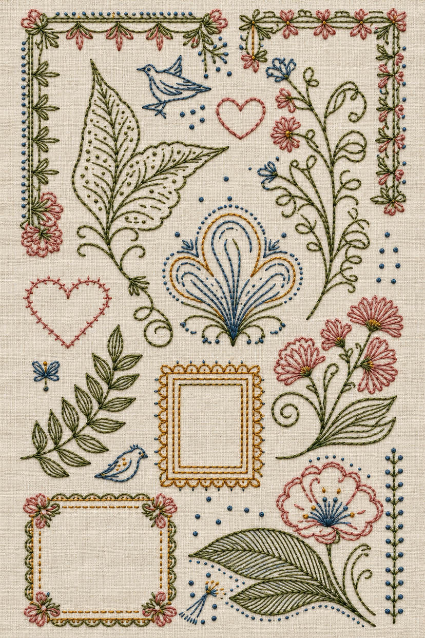 Fine line embroidery visualization of two frames two birds and botanical page sampler in muted sage, olive, dusty rose, antique ochre and dusty blue matte cotton on warm ivory linen.