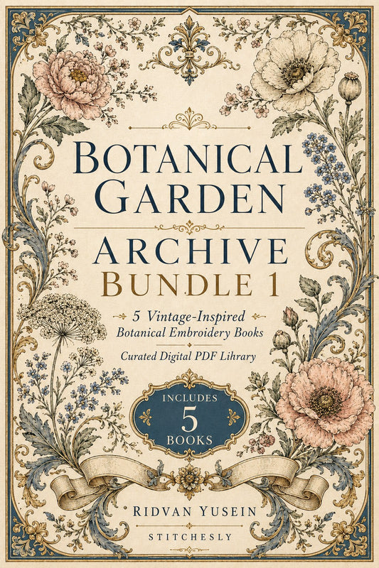 Digital PDF embroidery design bundle cover preview for Botanical Garden Archive Bundle 1, featuring curated embroidery patterns, motif library references and textile design… - preview 1