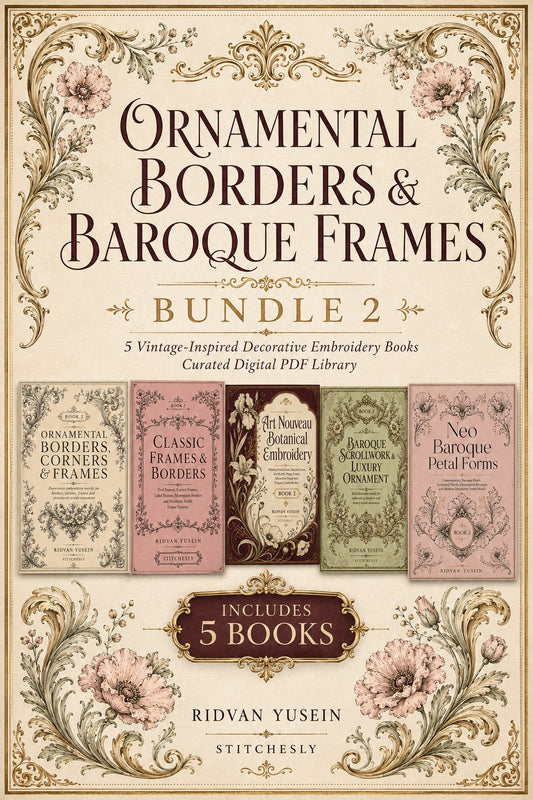 Digital PDF embroidery design bundle cover preview for Ornamental Borders & Baroque Frames Bundle 2, featuring curated embroidery patterns, motif library references and textile… - preview 1