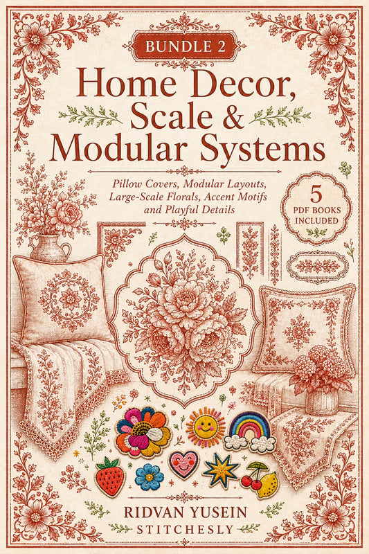Digital PDF embroidery design bundle cover preview for Home Decor, Scale & Modular Systems Bundle 2, featuring curated embroidery patterns, motif library references and textile… - preview 1