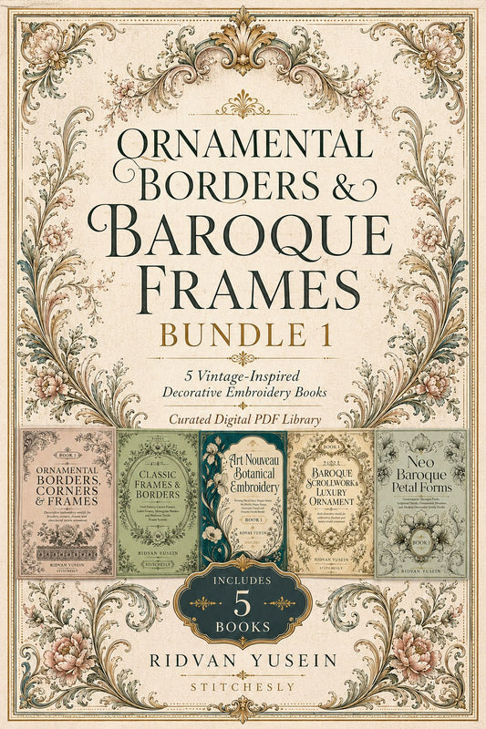 Digital PDF embroidery design bundle cover preview for Ornamental Borders & Baroque Frames Bundle 1, featuring curated embroidery patterns, motif library references and textile… - preview 1