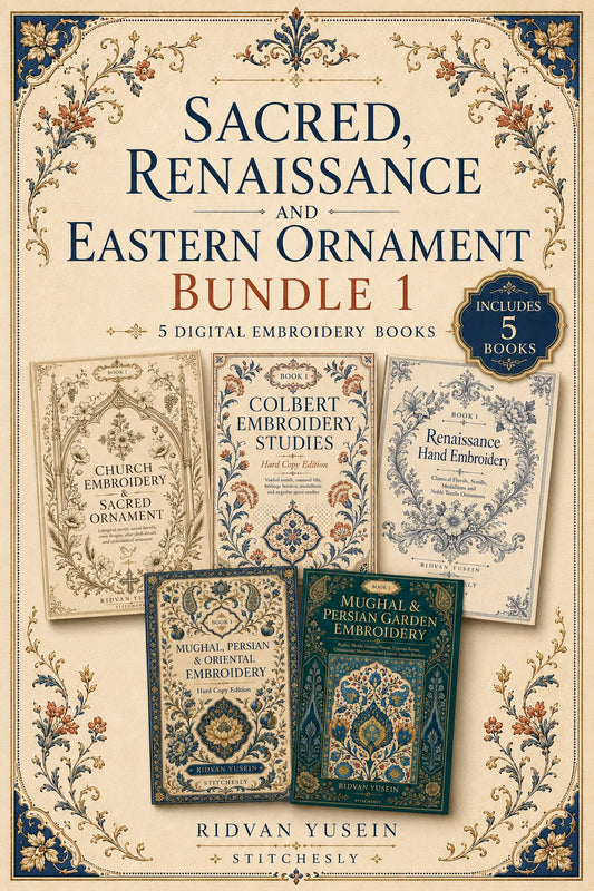 Digital PDF embroidery design bundle cover preview for Sacred, Renaissance & Eastern Ornament Bundle 1, featuring curated embroidery patterns, motif library references and… - preview 1