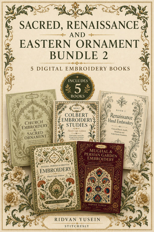 Digital PDF embroidery design bundle cover preview for Sacred, Renaissance & Eastern Ornament Bundle 2, featuring curated embroidery patterns, motif library references and… - preview 1