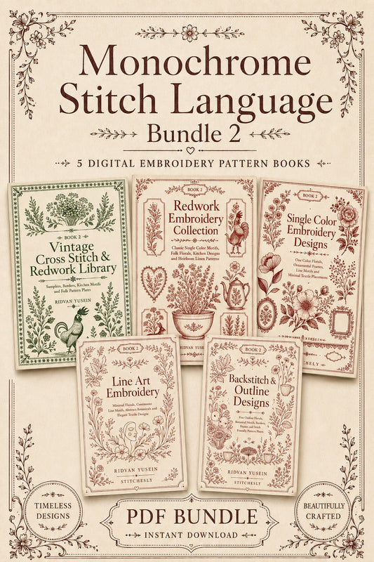Digital PDF embroidery design bundle cover preview for Monochrome Stitch Language Bundle 2, featuring curated embroidery patterns, motif library references and textile design… - preview 1
