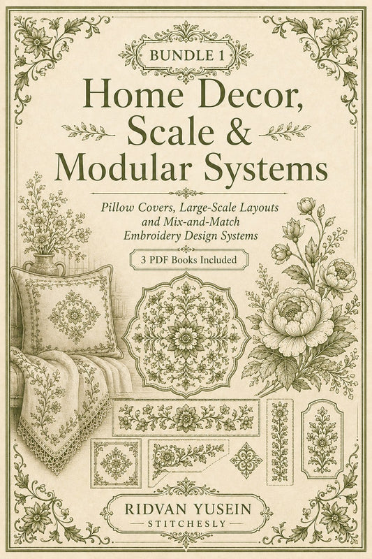 Digital PDF embroidery design bundle cover preview for Home Decor, Scale & Modular Systems Bundle 1, featuring curated embroidery patterns, motif library references and textile… - preview 1