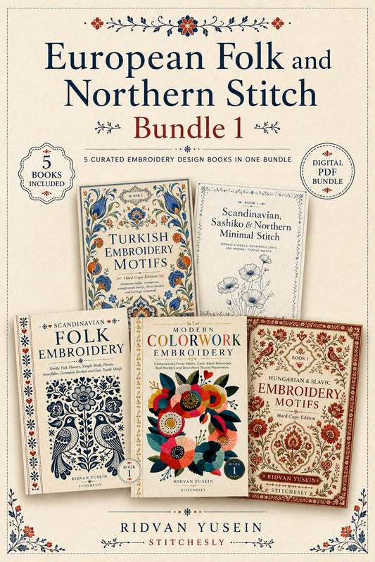 Digital PDF embroidery design bundle cover preview for European Folk & Northern Stitch Bundle 1, featuring curated embroidery patterns, motif library references and textile… - preview 1