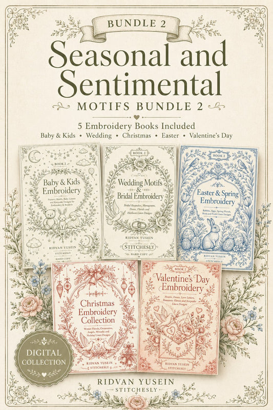 Digital PDF embroidery design bundle cover preview for Seasonal & Sentimental Motifs Bundle 2, featuring curated embroidery patterns, motif library references and textile design… - preview 1