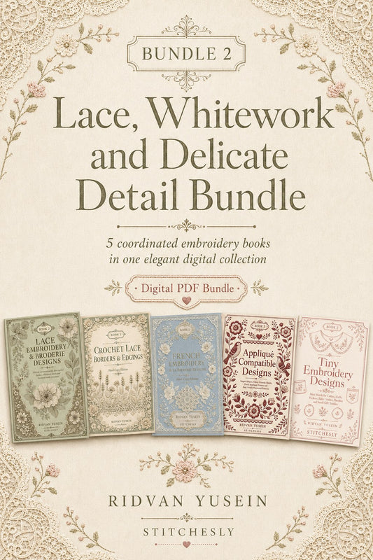 Digital PDF embroidery design bundle cover preview for Lace, Whitework & Delicate Detail Bundle 2, featuring curated embroidery patterns, motif library references and textile… - preview 1