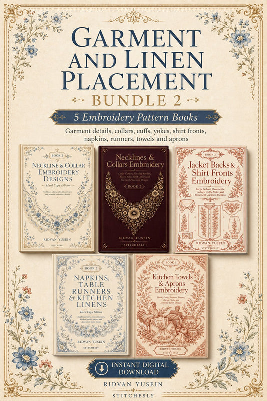 Digital PDF embroidery design bundle cover preview for Garment & Linen Placement Bundle 2, featuring curated embroidery patterns, motif library references and textile design… - preview 1