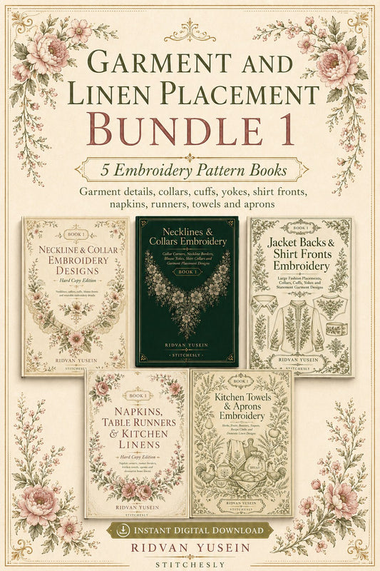 Digital PDF embroidery design bundle cover preview for Garment & Linen Placement Bundle 1, featuring curated embroidery patterns, motif library references and textile design… - preview 1