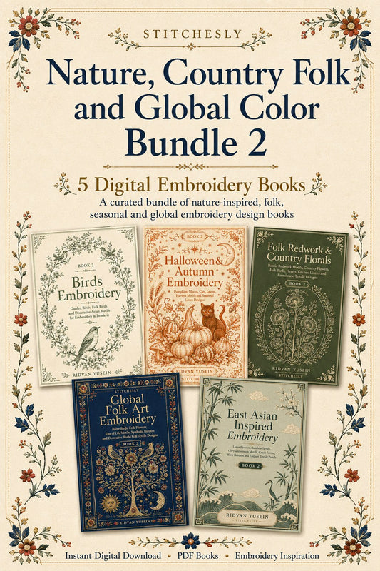 Digital PDF embroidery design bundle cover preview for Nature, Country Folk & Global Color Bundle 2, featuring curated embroidery patterns, motif library references and textile… - preview 1