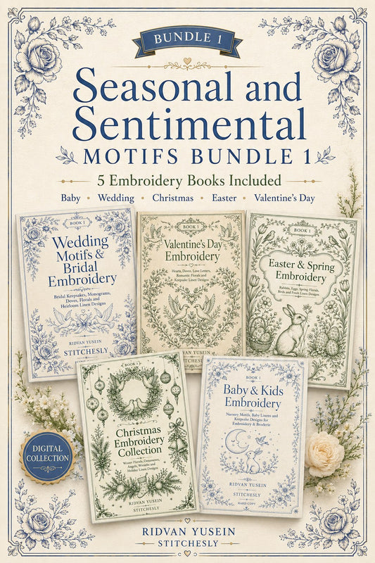 Digital PDF embroidery design bundle cover preview for Seasonal & Sentimental Motifs Bundle 1, featuring curated embroidery patterns, motif library references and textile design… - preview 1