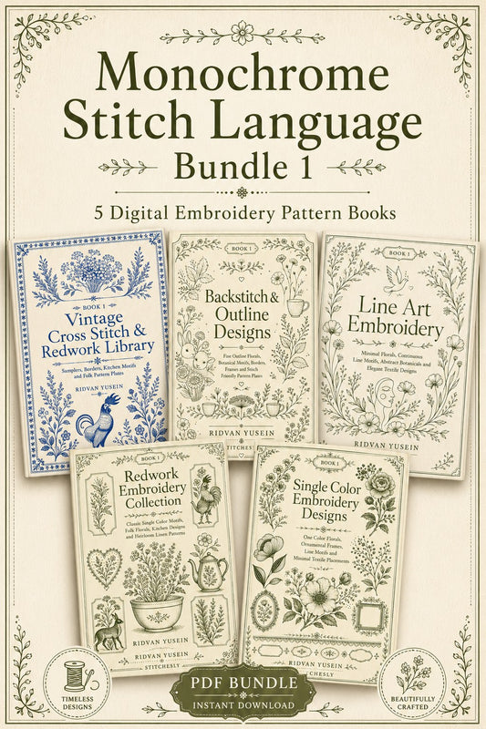 Digital PDF embroidery design bundle cover preview for Monochrome Stitch Language Bundle 1, featuring curated embroidery patterns, motif library references and textile design… - preview 1