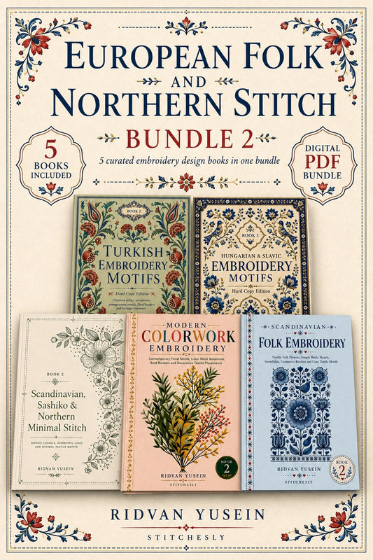 Digital PDF embroidery design bundle cover preview for European Folk & Northern Stitch Bundle 2, featuring curated embroidery patterns, motif library references and textile… - preview 1