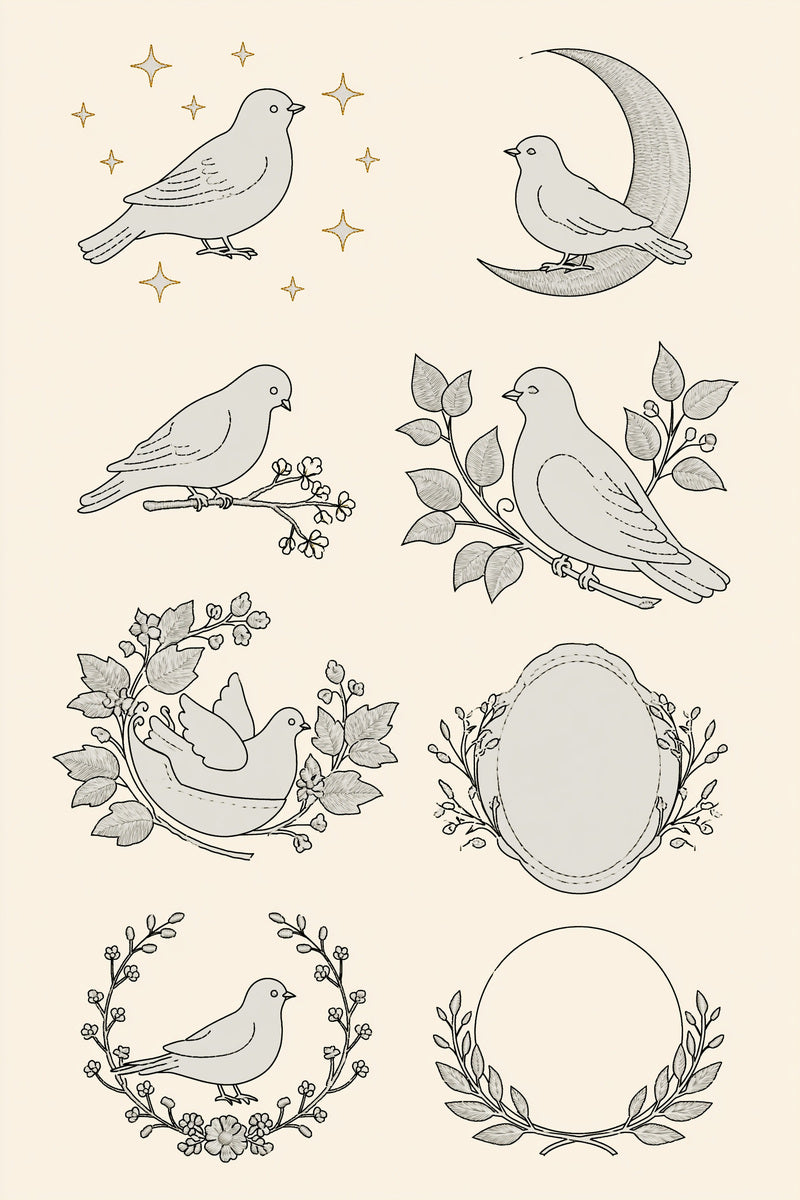 Nursery Bird Library Plate Birds from Birds Embroidery Book 2, a digital embroidery design reference for machine embroidery designs, embroidery patterns and baby and keepsake embroidery.