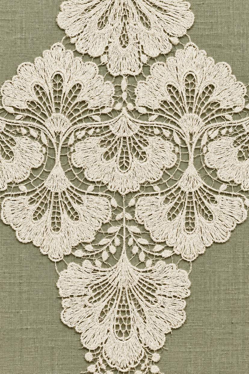 Fine ivory cotton petal lace panel with paired scalloped fans, teardrop openings and delicate mesh on warm sage linen.